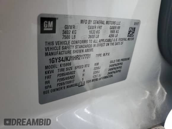 2017 Cadillac Escalade ESV Premium Luxury with VIN 1GYS4JKJ1HR217731, listed as a Copart auction lot 61432585 with 95,348 mi miles and Clean title. Bid and sale history available at DreamBid. Image 13.