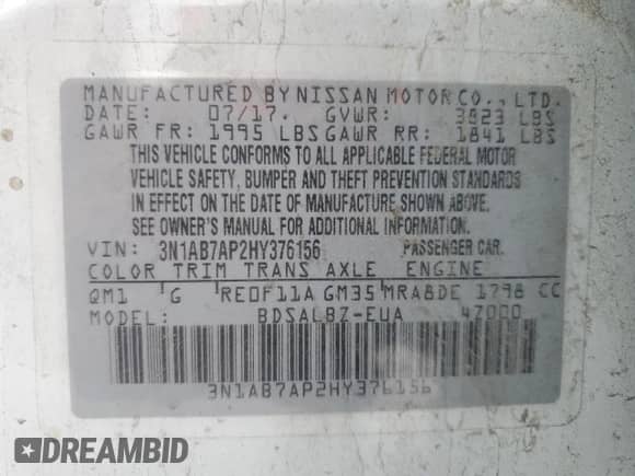 2017 Nissan Sentra SR with VIN 3N1AB7AP2HY376156, listed as a Copart auction lot 70149575 with 138,612 mi miles and Salvage title. Bid and sale history available at DreamBid. Image 12.