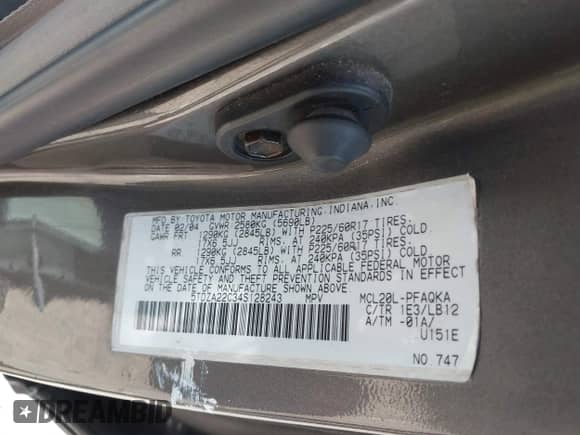 2004 Toyota Sienna XLE z VIN 5TDZA22C34S128243, wystawiony jako IAAI lot #43219663 z przebiegiem 228 119 mil mil oraz . Historia ofert i sprzedaży dostępna na DreamBid. Obrazek 9.