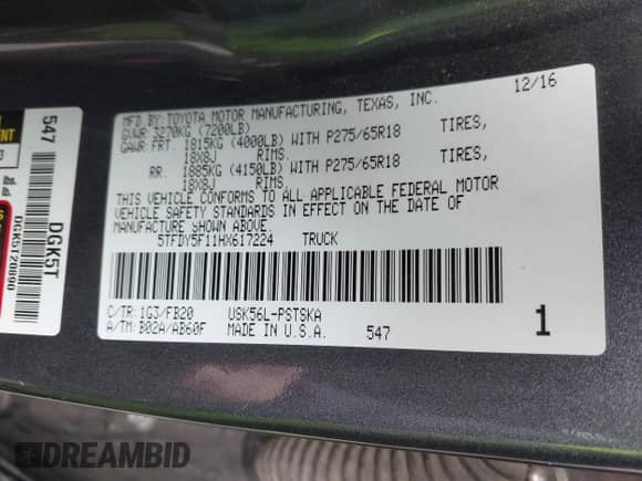 2017 Toyota Tundra SR5 z VIN 5TFDY5F11HX617224, wystawiony jako IAAI lot #41524518 z przebiegiem 105 627 mil mil oraz . Historia ofert i sprzedaży dostępna na DreamBid. Obrazek 9.