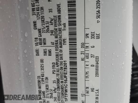 2018 Ford F-150 XL z VIN 1FTFW1C16JFE78201, wystawiony jako Copart lot #45150575 z przebiegiem Nie podano mil oraz Szkoda całkowita • Salvage title. Historia ofert i sprzedaży dostępna na DreamBid. Obrazek 14.