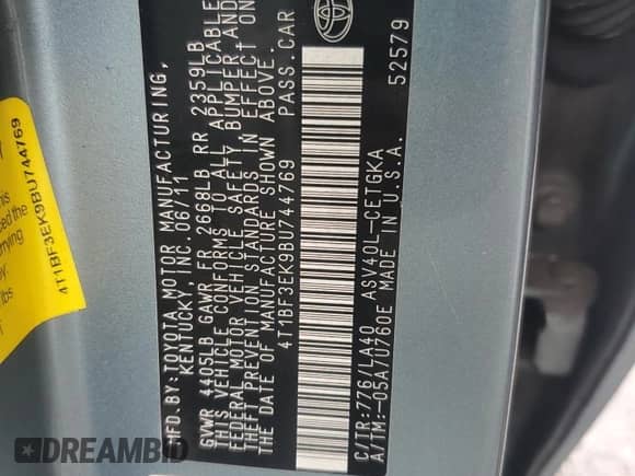 2011 Toyota Camry LE z VIN 4T1BF3EK9BU744769, wystawiony jako Copart lot #80059655 z przebiegiem Nie podano mil oraz Nie do naprawy • Non repairable. Historia ofert i sprzedaży dostępna na DreamBid. Obrazek 13.