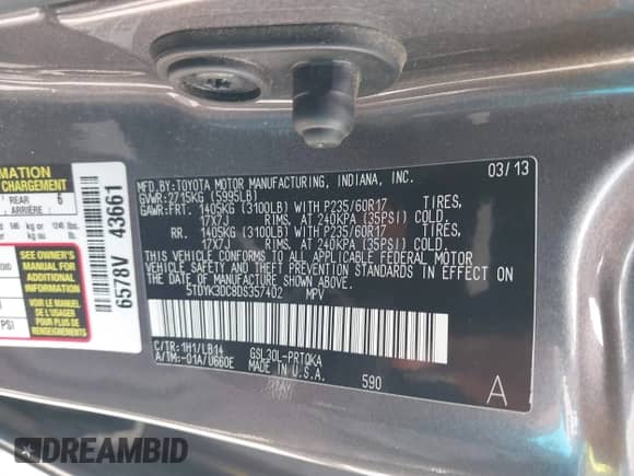 2013 Toyota Sienna XLE AAS with VIN 5TDYK3DC8DS357402, listed as a IAAI auction lot 42975584 with 175,883 mi miles and . Bid and sale history available at DreamBid. Image 9.