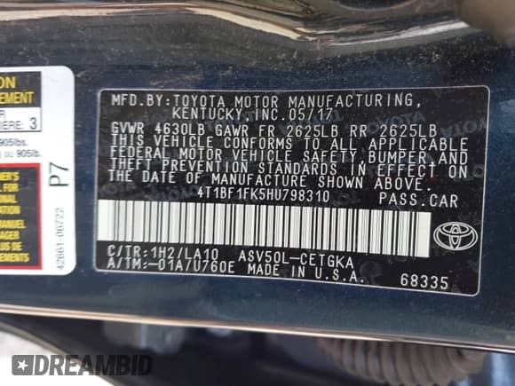 2017 Toyota Camry LE with VIN 4T1BF1FK5HU798310, listed as a IAAI auction lot 43059357 with 188,926 mi miles and . Bid and sale history available at DreamBid. Image 9.