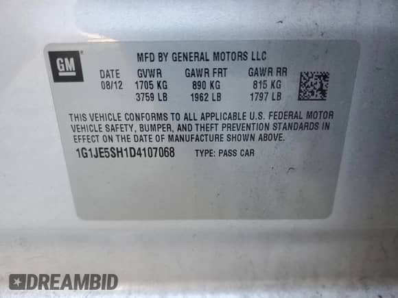 2013 Chevrolet Sonic LTZ with VIN 1G1JE5SH1D4107068, listed as a Copart auction lot 53429765 with Not provided miles and Non repairable. Bid and sale history available at DreamBid. Image 12.