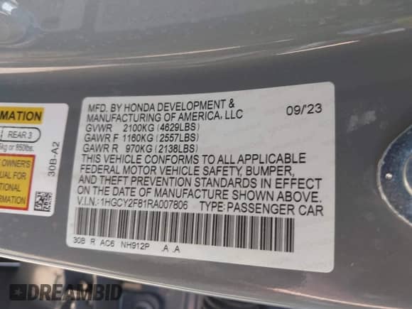 2024 Honda Accord Touring with VIN 1HGCY2F81RA007806, listed as a IAAI auction lot 41928204 with 41,137 mi miles and . Bid and sale history available at DreamBid. Image 9.