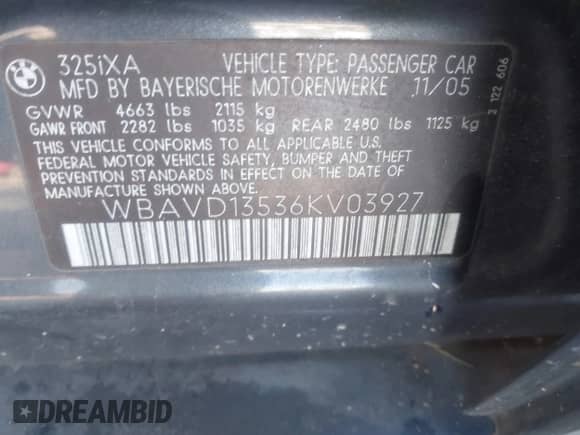 2006 BMW 3 Series 325xi with VIN WBAVD13536KV03927, listed as a IAAI auction lot 43470083 with 167,875 mi miles and . Bid and sale history available at DreamBid. Image 9.