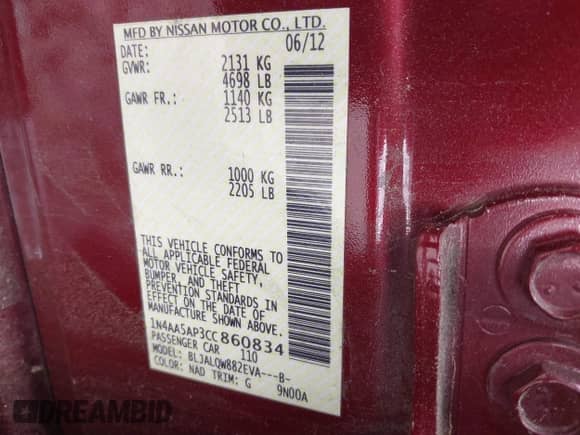 2012 Nissan Maxima SV z VIN 1N4AA5AP3CC860834, wystawiony jako IAAI lot #42429509 z przebiegiem 96 939 mil mil oraz . Historia ofert i sprzedaży dostępna na DreamBid. Obrazek 9.