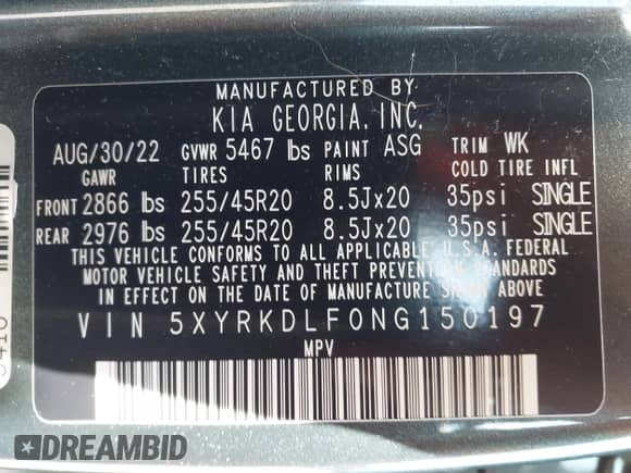 2022 Kia Sorento SX with VIN 5XYRKDLF0NG150197, listed as a IAAI auction lot 42405310 with 35,205 mi miles and . Bid and sale history available at DreamBid. Image 9.