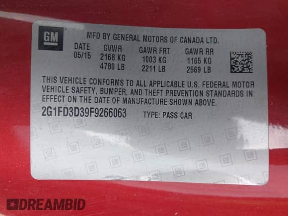 2015 Chevrolet Camaro LT with VIN 2G1FD3D39F9266063, listed as a IAAI auction lot 43152866 with 60,144 mi miles and . Bid and sale history available at DreamBid. Image 9.