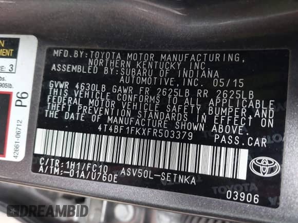 2015 Toyota Camry LE с VIN 4T4BF1FKXFR503379, выставлен на аукционе IAAI как лот 43484322 с пробегом 119 531 миль миль и . История ставок и продаж доступна на DreamBid. Изображение 9.