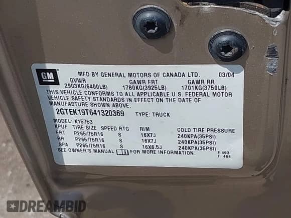 2004 GMC Sierra 1500 SLE with VIN 2GTEK19T641320369, listed as a IAAI auction lot 42674131 with 180,220 mi miles and . Bid and sale history available at DreamBid. Image 9.