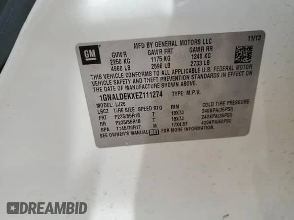 2014 Chevrolet Equinox LTZ with VIN 1GNALDEKXEZ111274, listed as a Copart auction lot 54783595 with 126,489 mi miles and Salvage title. Bid and sale history available at DreamBid. Image 13.