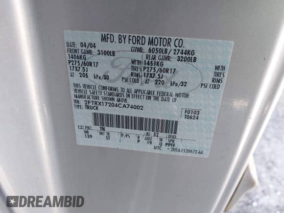 2004 Ford F-150 XL с VIN 2FTRX17204CA74002, выставлен на аукционе IAAI как лот 43194994 с пробегом 242 635 миль миль и . История ставок и продаж доступна на DreamBid. Изображение 9.