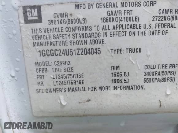 2001 Chevrolet Silverado 2500 with VIN 1GCGC24U51Z204045, listed as a IAAI auction lot 42286358 with 259,974 mi miles and . Bid and sale history available at DreamBid. Image 9.