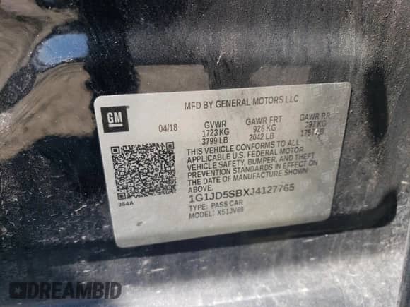 2018 Chevrolet Sonic LT с VIN 1G1JD5SBXJ4127765, выставлен на аукционе Copart как лот 49309495 с пробегом 130 118 миль миль и Списание • Salvage title. История ставок и продаж доступна на DreamBid. Изображение 12.