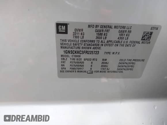 2015 Chevrolet Suburban LTZ с VIN 1GNSCKKC3FR225723, выставлен на аукционе IAAI как лот 42577863 с пробегом 267 557 миль миль и . История ставок и продаж доступна на DreamBid. Изображение 9.