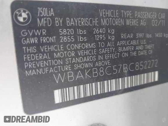 2011 BMW 7 Series 750Li с VIN WBAKB8C57BC852272, выставлен на аукционе IAAI как лот 43098692 с пробегом 140 076 миль миль и . История ставок и продаж доступна на DreamBid. Изображение 9.