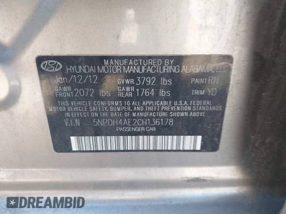 2012 Hyundai Elantra GLS z VIN 5NPDH4AE2CH136178, wystawiony jako IAAI lot #43405532 z przebiegiem 153 249 mil mil oraz . Historia ofert i sprzedaży dostępna na DreamBid. Obrazek 9.