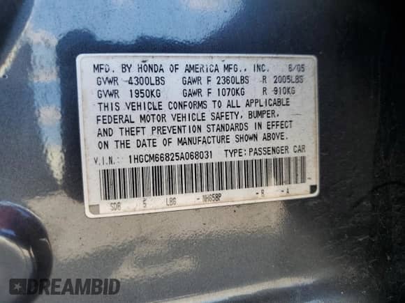 2005 Honda Accord EX-L с VIN 1HGCM66825A068031, выставлен на аукционе Copart как лот 61201175 с пробегом 221 371 миль миль и Списание • Salvage title. История ставок и продаж доступна на DreamBid. Изображение 12.