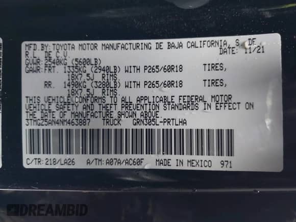 2022 Toyota Tacoma Limited with VIN 3TMGZ5AN4NM463887, listed as a IAAI auction lot 41592060 with 61,026 mi miles and . Bid and sale history available at DreamBid. Image 9.