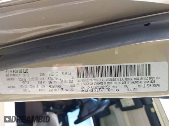 2018 Jeep Wrangler Sahara with VIN 1C4AJWBGXJL811092, listed as a IAAI auction lot 42305620 with 41,021 mi miles and . Bid and sale history available at DreamBid. Image 9.