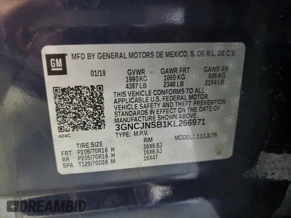 2019 Chevrolet Trax LS with VIN 3GNCJNSB1KL266971, listed as a Copart auction lot 80257595 with 45,643 mi miles and Salvage title. Bid and sale history available at DreamBid. Image 12.