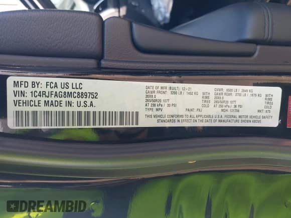 2021 Jeep Grand Cherokee Laredo X with VIN 1C4RJFAG8MC889752, listed as a IAAI auction lot 43241085 with 27,689 mi miles and . Bid and sale history available at DreamBid. Image 9.