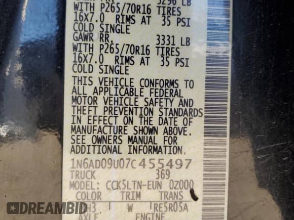 2007 Nissan Frontier SE with VIN 1N6AD09U07C455497, listed as a Copart auction lot 71618105 with 126,079 mi miles and Salvage title. Bid and sale history available at DreamBid. Image 12.