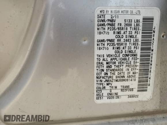 2011 Nissan Murano SV z VIN JN8AZ1MU8BW061419, wystawiony jako Copart lot #54622505 z przebiegiem 139 764 mil mil oraz Szkoda całkowita • Salvage title. Historia ofert i sprzedaży dostępna na DreamBid. Obrazek 14.