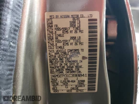 2001 Nissan Frontier SC SuperCharger with VIN 1N6MD27Y31C398041, listed as a Copart auction lot 51621545 with 250,984 mi miles and Clean title. Bid and sale history available at DreamBid. Image 12.