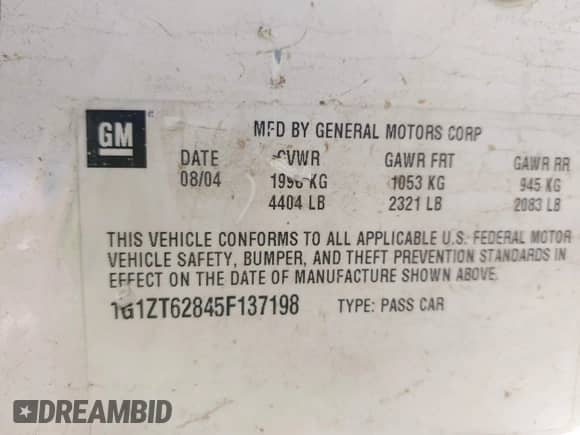 2005 Chevrolet Malibu Maxx LS with VIN 1G1ZT62845F137198, listed as a IAAI auction lot 43409681 with 196,426 mi miles and . Bid and sale history available at DreamBid. Image 9.