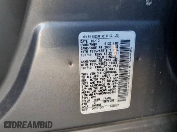 2013 Nissan Murano SV с VIN JN8AZ1MU0DW202695, выставлен на аукционе Copart как лот 85917205 с пробегом 181 388 миль миль и Списание • Salvage title. История ставок и продаж доступна на DreamBid. Изображение 13.