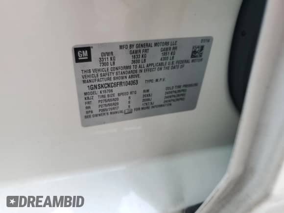 2015 Chevrolet Tahoe LTZ with VIN 1GNSKCKC6FR104063, listed as a Copart auction lot 67675895 with 139,929 mi miles and Salvage title. Bid and sale history available at DreamBid. Image 13.