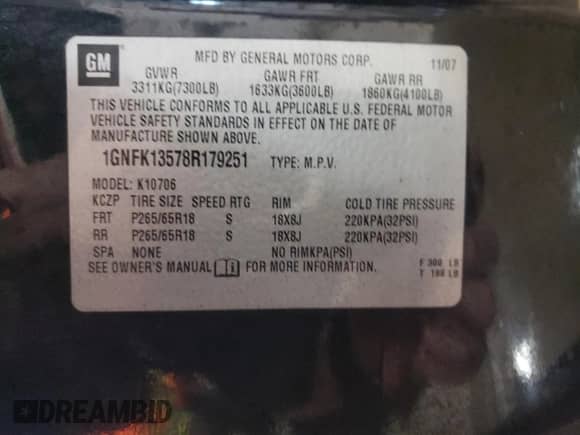 2008 Chevrolet Tahoe с VIN 1GNFK13578R179251, выставлен на аукционе Copart как лот 44173185 с пробегом 152 635 миль миль и Списание • Salvage title. История ставок и продаж доступна на DreamBid. Изображение 15.