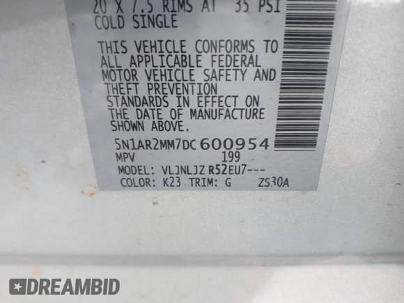 2013 Nissan Pathfinder Platinum с VIN 5N1AR2MM7DC600954, выставлен на аукционе IAAI как лот 41252066 с пробегом 139 085 миль миль и . История ставок и продаж доступна на DreamBid. Изображение 9.