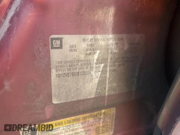 2008 Chevrolet Malibu LTZ with VIN 1G1ZK57B68F272575, listed as a Copart auction lot 62830875 with 175,649 mi miles and Clean title. Bid and sale history available at DreamBid. Image 12.