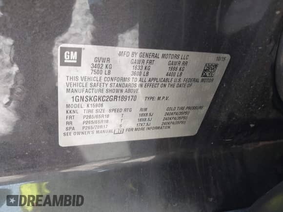 2016 Chevrolet Suburban LS z VIN 1GNSKGKC2GR189170, wystawiony jako IAAI lot #41186487 z przebiegiem 196 594 mil mil oraz . Historia ofert i sprzedaży dostępna na DreamBid. Obrazek 9.