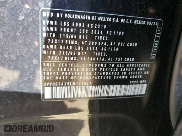 2020 Volkswagen Tiguan S с VIN 3VV0B7AX9LM177521, выставлен на аукционе Copart как лот 80875945 с пробегом 38 173 миль миль и Списание • Salvage title. История ставок и продаж доступна на DreamBid. Изображение 14.