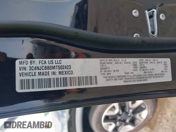 2021 Jeep Compass Altitude with VIN 3C4NJCBB0MT502423, listed as a IAAI auction lot 42006742 with 63,418 mi miles and . Bid and sale history available at DreamBid. Image 9.