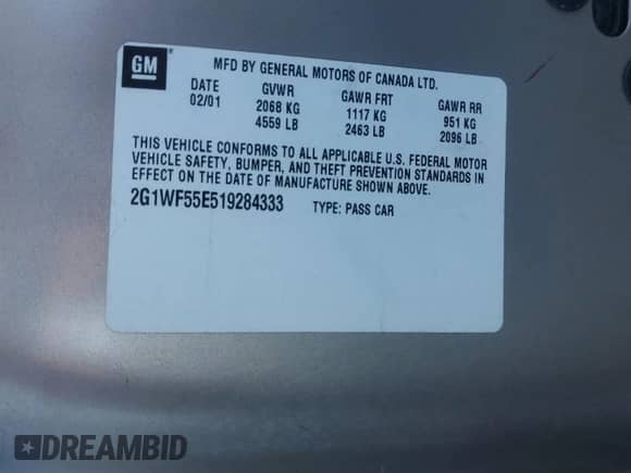 2001 Chevrolet Impala z VIN 2G1WF55E519284333, wystawiony jako Copart lot #86192875 z przebiegiem 95 046 mil mil oraz Szkoda całkowita • Salvage title. Historia ofert i sprzedaży dostępna na DreamBid. Obrazek 12.