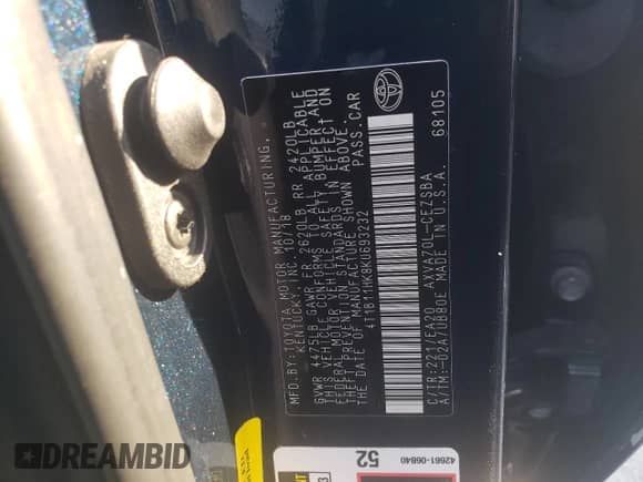 2019 Toyota Camry SE z VIN 4T1B11HK8KU693232, wystawiony jako Copart lot #85086995 z przebiegiem 82 014 mil mil oraz Szkoda całkowita • Salvage title. Historia ofert i sprzedaży dostępna na DreamBid. Obrazek 12.