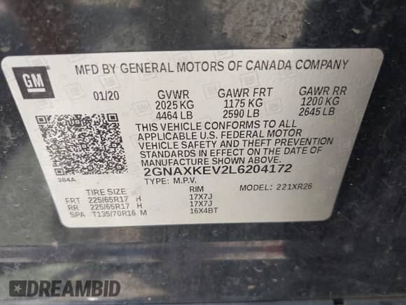 2020 Chevrolet Equinox LT с VIN 2GNAXKEV2L6204172, выставлен на аукционе IAAI как лот 42694115 с пробегом 72 517 миль миль и . История ставок и продаж доступна на DreamBid. Изображение 9.