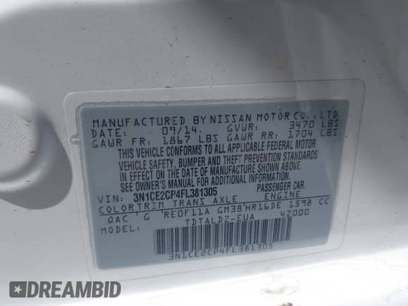 2015 Nissan Note SV with VIN 3N1CE2CP4FL381305, listed as a IAAI auction lot 42941778 with 138,652 mi miles and . Bid and sale history available at DreamBid. Image 9.