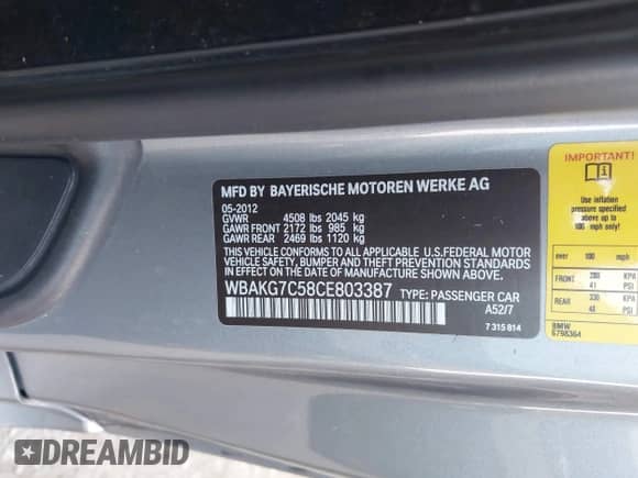 2012 BMW 3 Series 335i с VIN WBAKG7C58CE803387, выставлен на аукционе IAAI как лот 43438973 с пробегом 129 264 миль миль и . История ставок и продаж доступна на DreamBid. Изображение 9.