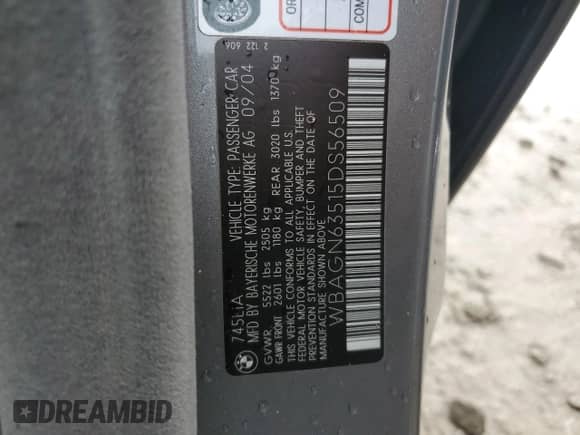 2005 BMW 7 Series 745Li with VIN WBAGN63515DS56509, listed as a Copart auction lot 51021155 with Not provided miles and Salvage title. Bid and sale history available at DreamBid. Image 15.
