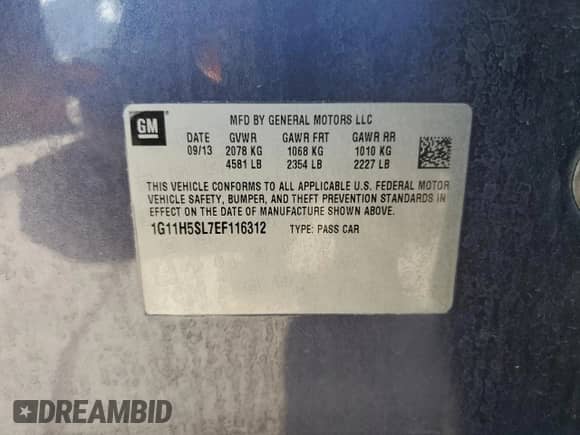 2014 Chevrolet Malibu LTZ with VIN 1G11H5SL7EF116312, listed as a Copart auction lot 72077355 with 145,082 mi miles and Salvage title. Bid and sale history available at DreamBid. Image 13.