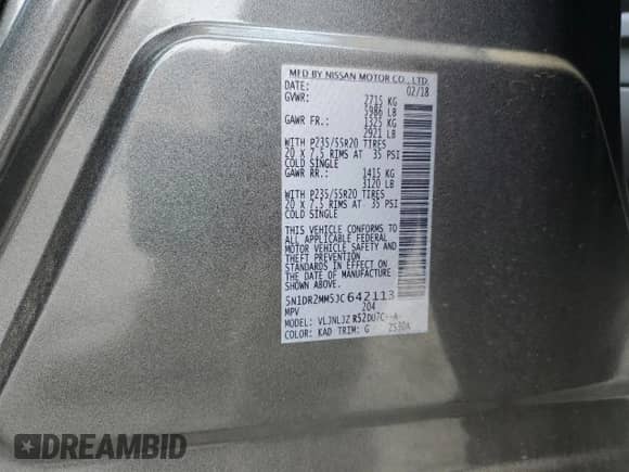 2018 Nissan Pathfinder Platinum with VIN 5N1DR2MM5JC642113, listed as a Copart auction lot 59634565 with 92,274 mi miles and Salvage title. Bid and sale history available at DreamBid. Image 14.