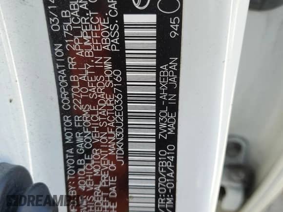 2014 Toyota Prius Four с VIN JTDKN3DU2E0367160, выставлен на аукционе Copart как лот 66214074 с пробегом 141 833 миль миль и Списание • Salvage title. История ставок и продаж доступна на DreamBid. Изображение 12.