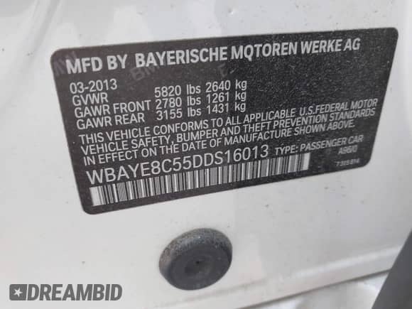 2013 BMW 7 Series 750Li с VIN WBAYE8C55DDS16013, выставлен на аукционе IAAI как лот 42709519 с пробегом 123 405 миль миль и . История ставок и продаж доступна на DreamBid. Изображение 9.